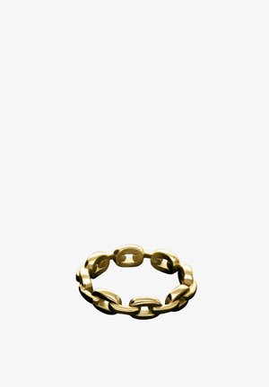 Gold chain ring composed of interlocking, polished oval links forming a continuous band on a white background.