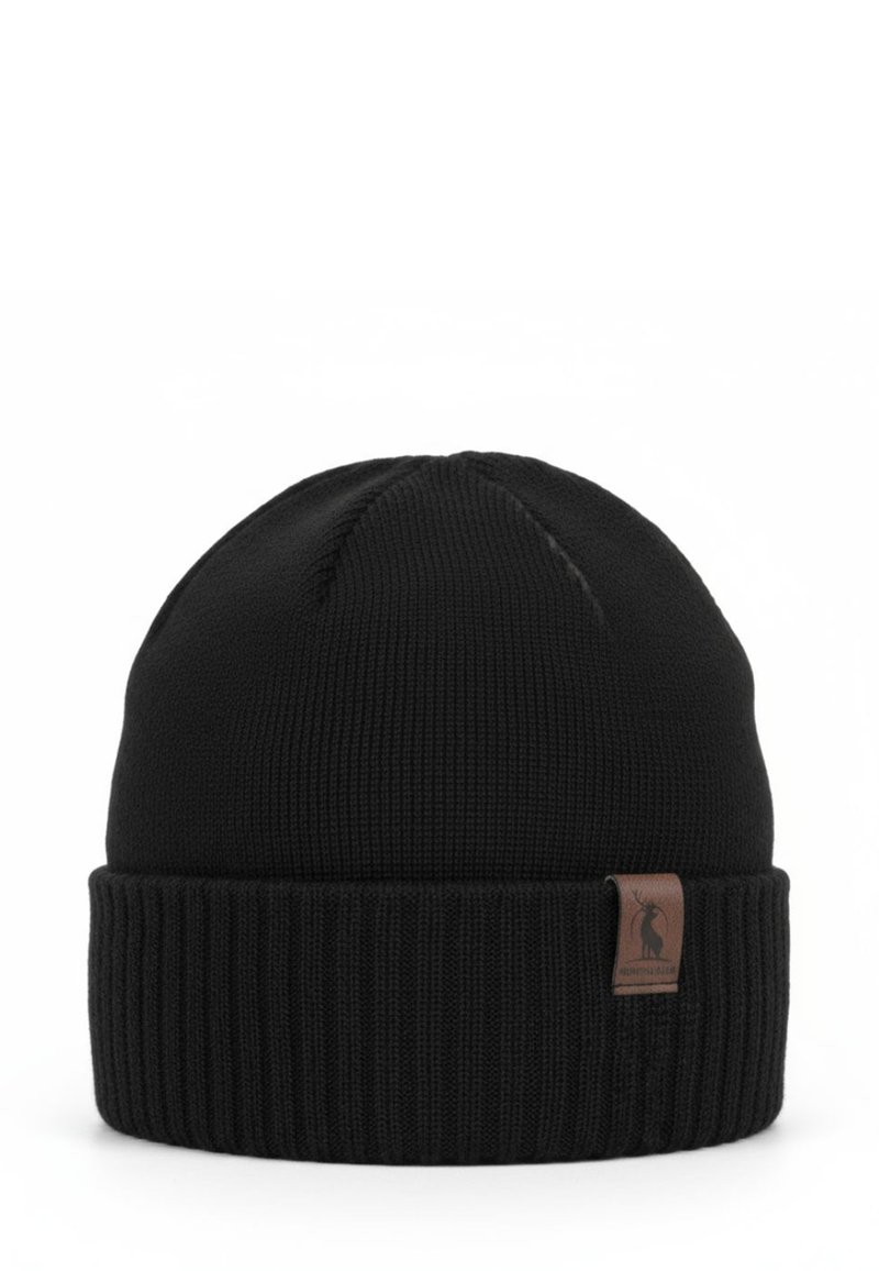 Cappellino nero in maglia con risvolto a coste. Presenta un'etichetta in pelle marrone con il logo. Realizzato in tessuto flessibile e testurizzato per mantenere il calore.
