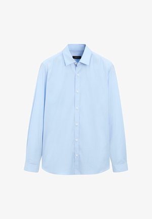 Jasnoniebieska koszula z długim rękawem z bawełny, z wyłogowym kołnierzykiem i zapięciem na guziki, z zaokrąglonymi mankietami i gładką fakturą.