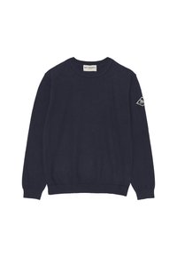 Maglione blu navy realizzato in morbido tessuto a maglia, con collo rotondo, polsini a coste e un’etichetta con logo a forma di diamante sulla manica sinistra.