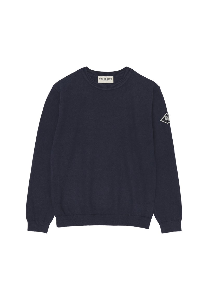 Maglione blu navy realizzato in morbido tessuto a maglia, con collo rotondo, polsini a coste e un’etichetta con logo a forma di diamante sulla manica sinistra.
