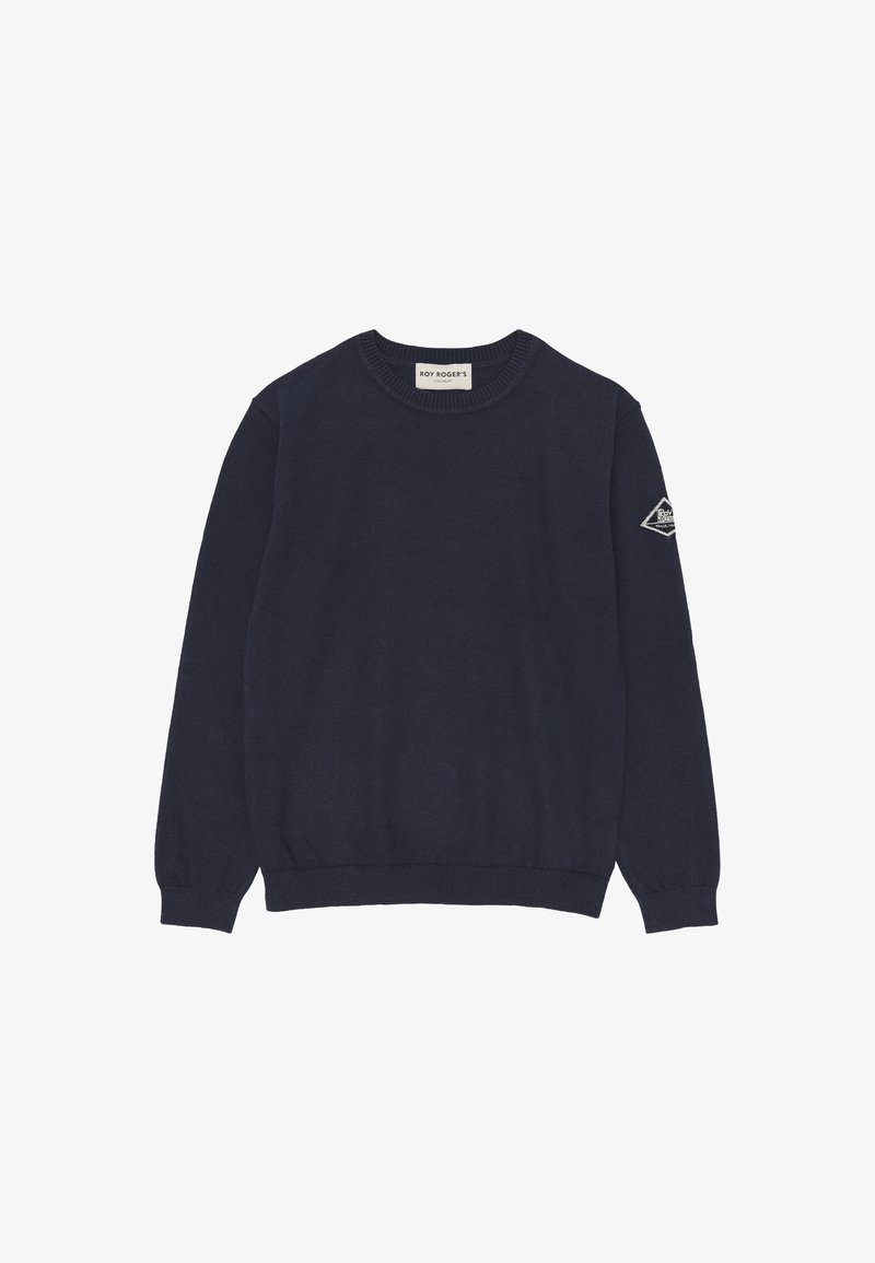 Maglione blu navy realizzato in morbido tessuto a maglia, con collo rotondo, polsini a coste e un’etichetta con logo a forma di diamante sulla manica sinistra.