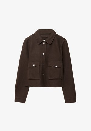 Brown cropped jacket in soft fabric, featuring a structured collar, front button closure, and two chest pockets with silver button accents.