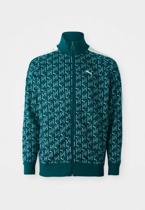 Teal zip-up jacket featuring a repeating logo pattern, ribbed collar and cuffs, with white accents along the shoulders.