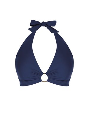 Granatowy top bikini na szyję z kokardą z tkaniny przy szyi oraz okrągłym złotym pierścieniem na środku przodu.