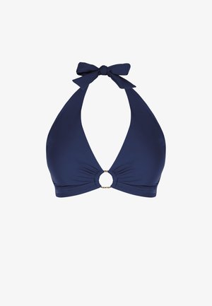 Granatowy top bikini na szyję z kokardą z tkaniny przy szyi oraz okrągłym złotym pierścieniem na środku przodu.