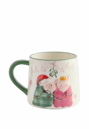 Keramiktasse mit grünem Henkel, auf der zwei Schweine abgebildet sind, eines mit Weihnachtsmütze, das andere mit Krone, die Weihnachtslichter unter Mistel und rosa Sternen halten.