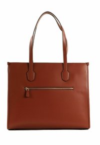 Hnědá kožená taška přes rameno s dvěma uchy, obdélníkový tvar, hladká textura, s přední zipovou kapsou a malým koženým táhlem.