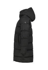 Zwarte pufferjack met een capuchon, met een quilted ontwerp, twee zijzakken en een logo-patch op de linkerschouder. Gladde textuur.