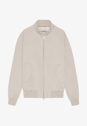 Beige bomberjacka med dragkedja, ribbade muddar och nederkant samt två sidofickor. Slät tyg med en minimalistisk design.
