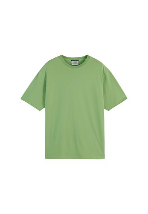 Grünes Baumwoll-T-Shirt mit lockerer Passform, kurzen Ärmeln und rundem Halsausschnitt. Mit dezentem Text in Hellgrün über der Brust.