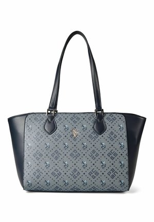 Borsa shopper blu con pannello anteriore in tessuto a motivo geometrico e floreale, manici e lati in pelle scura.