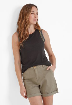 Black sleeveless top with textured shoulder accents, paired with olive green rolled hem shorts featuring front pockets and a button closure.
