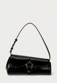 Black patent leather handbag with a curved shape, featuring a thin shoulder strap, a gold buckle accent, and a smooth, shiny texture.