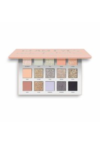 Palette di ombretti Glam Eyes con 12 tonalità che presentano textures pastello e glitter. Include colori come rosa, lavanda, argento e nero.