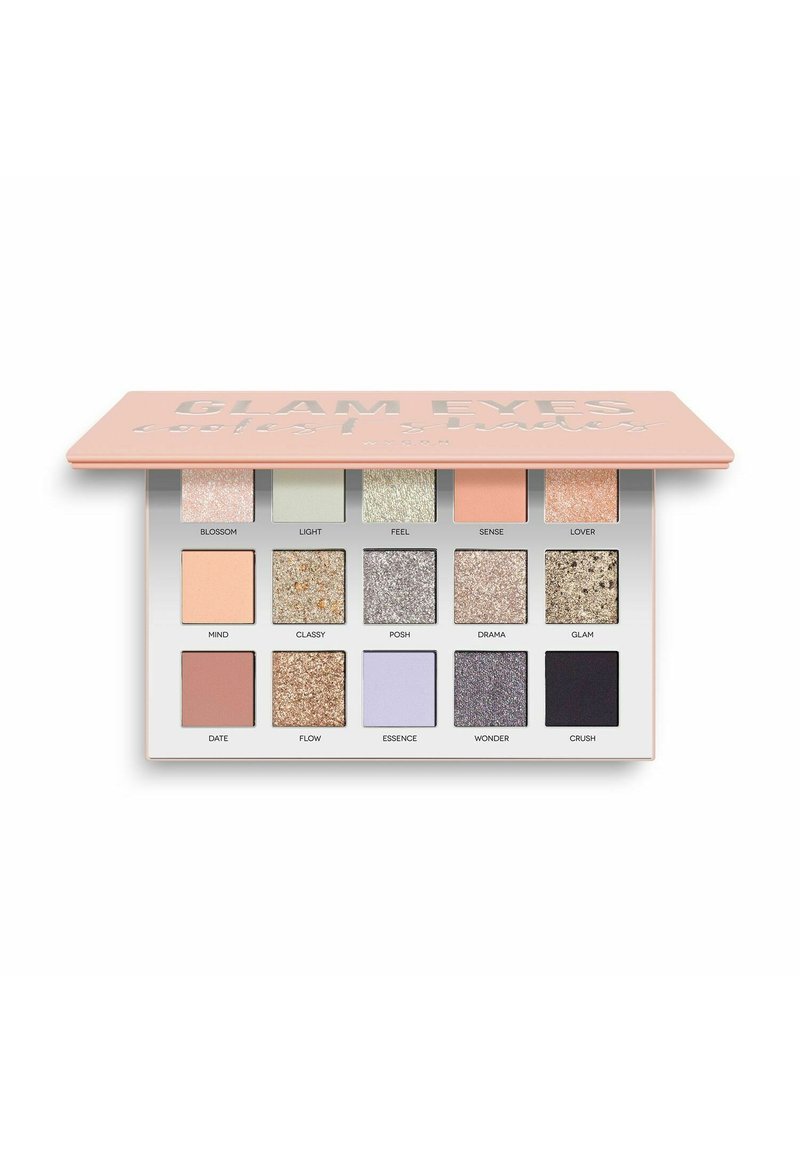 Palette di ombretti Glam Eyes con 12 tonalità che presentano textures pastello e glitter. Include colori come rosa, lavanda, argento e nero.