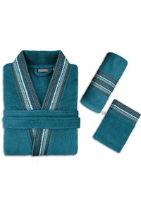 Türaqua Badeanzug mit gestreiftem Kragen und Akzenten; enthält zwei passende Handtücher. Weiche Textur mit plüschigem Finish und schlankem Design.