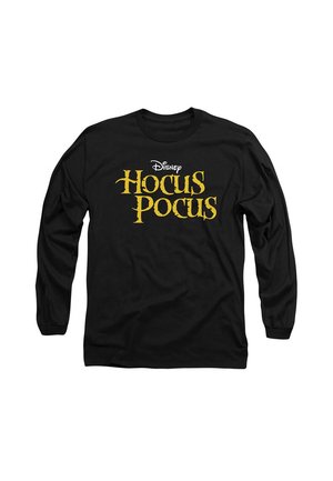 Black long-sleeve shirt featuring "Disney Hocus Pocus" in bold, yellow, stylized text centered on the front. Soft fabric, standard fit.