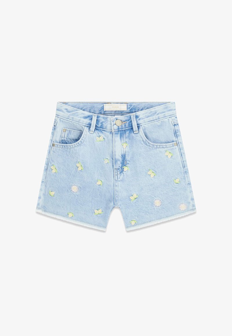 Shorts en jean bleu clair avec de petites broderies de citrons jaunes et de marguerites blanches, dotés de poches avant et d'une fermeture à boutons.