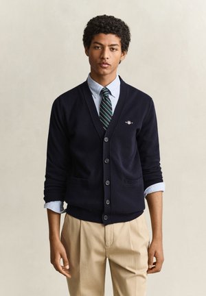 Jeune homme portant un cardigan bleu marine sur une chemise bleu clair avec une cravate rayée verte et un pantalon beige, debout devant un fond uni.