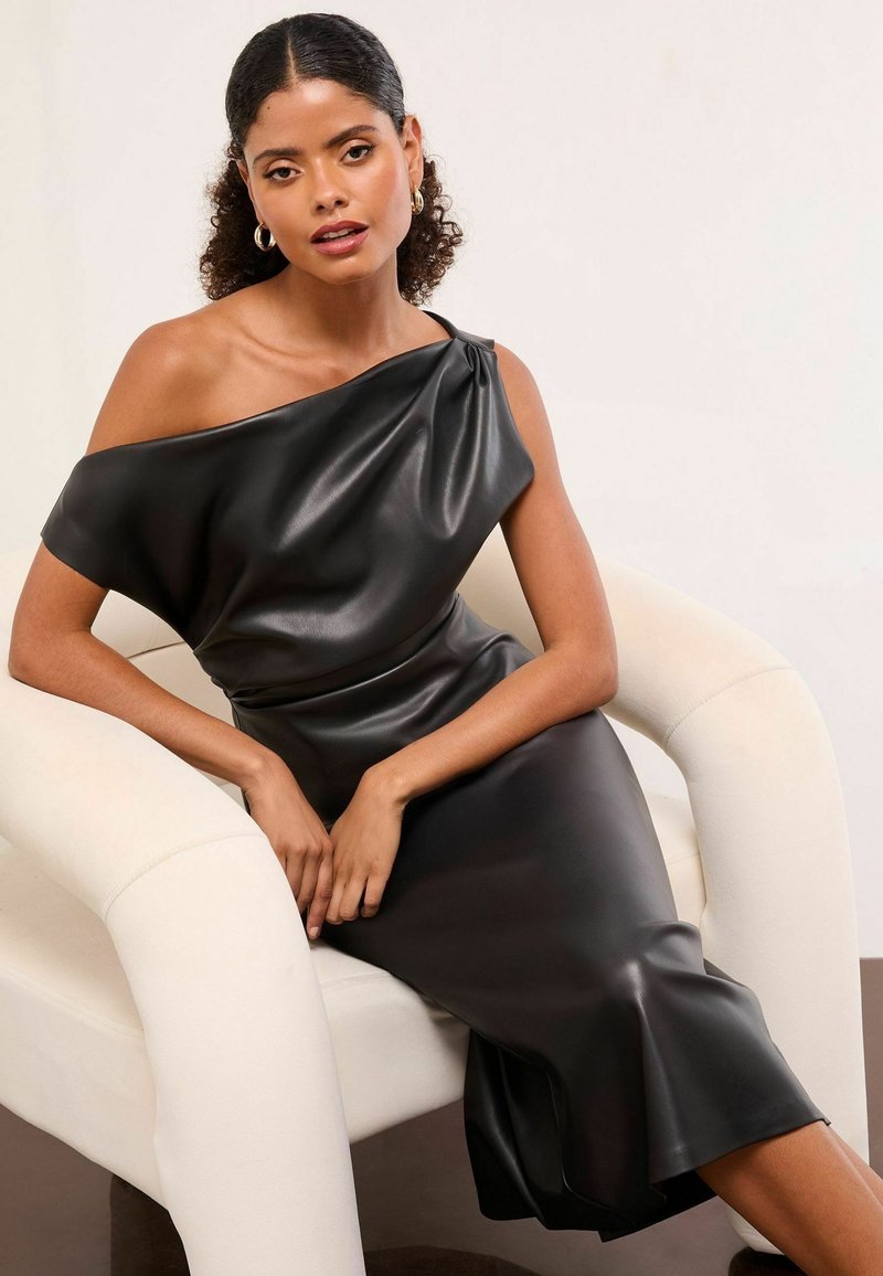 lipsy faux leather dress DRAPED MIDI - Etuikleid - black leather/schwarz WITH DUPATTA