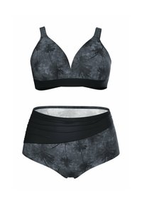 To-delt mørkegrå bikini med sorte palmetræsprint, der har en dyb V-udskæring på toppen og højtaljede underdele med en rynket sort taljebånd.