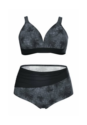 To-delt mørkegrå bikini med sorte palmetræsprint, der har en dyb V-udskæring på toppen og højtaljede underdele med en rynket sort taljebånd.