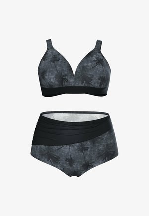 To-delt mørkegrå bikini med sorte palmetræsprint, der har en dyb V-udskæring på toppen og højtaljede underdele med en rynket sort taljebånd.