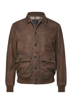 Brun læderjakke med knaplukning foran, to forlommer, ribbet manchetter og kant, ternet foer og spids krave.