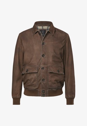 Ruskea nahkatakki, jossa on napitettu etupuoli, kaksi etutaskua, ribbineulotut hihansuut ja helma, ruudullinen vuori ja pistekaulus.