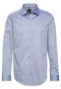 Lichtblauwe overhemd met lange mouwen, knoopsluiting aan de voorkant, scherpe kraag, subtiel streeppatroon, manchetten met één knoop, gemaakt van een gladde stof.