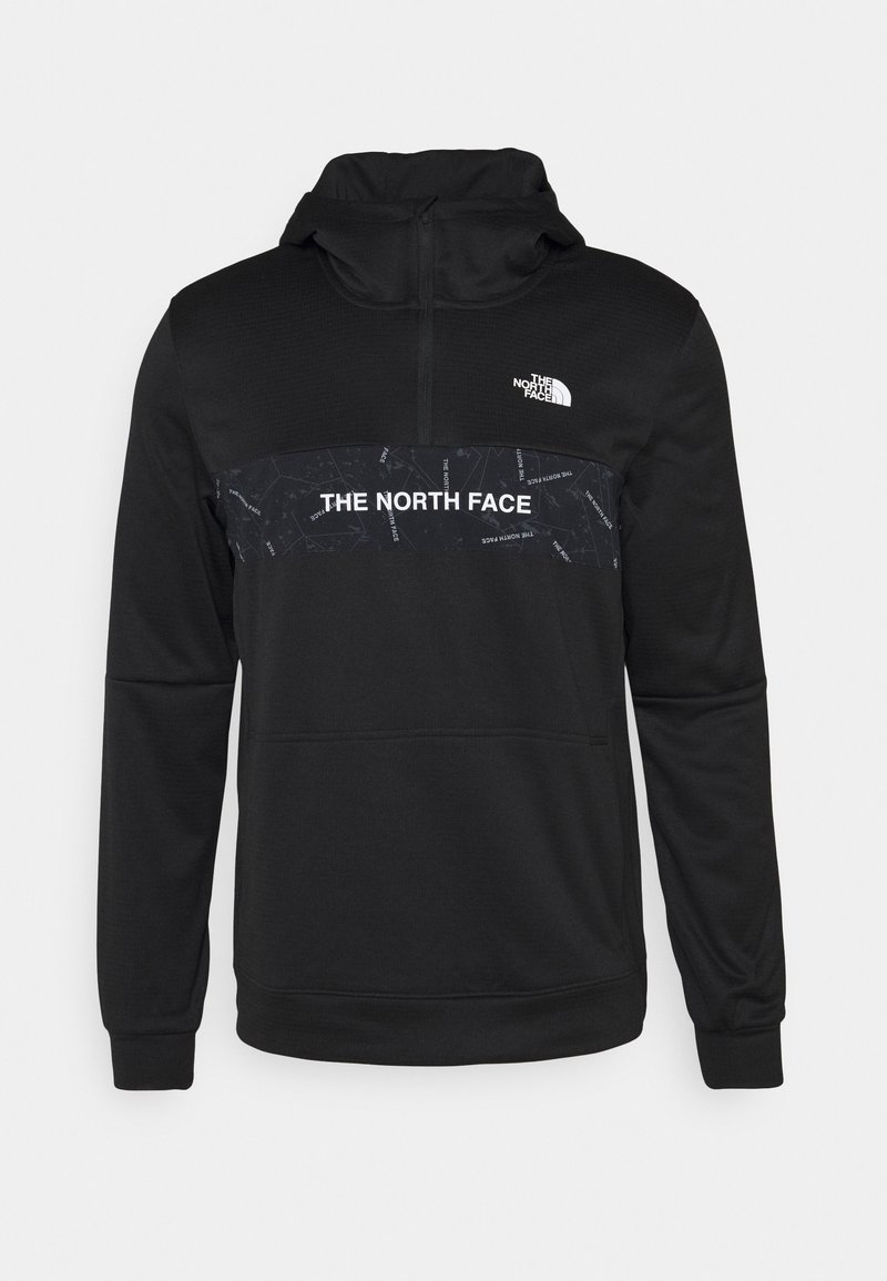 Sweat à capuche noir North Face à enfiler avec une demi-fermeture éclair devant, logo sur la poitrine et bande à motif comportant le nom de la marque.