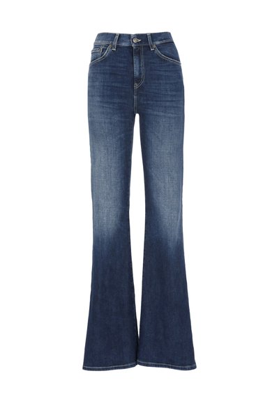 Jeans in denim a zampa d'elefante in lavaggio blu scuro con una leggera sfumatura, dotati di cinque tasche, chiusura con bottone e dettagli cuciti.