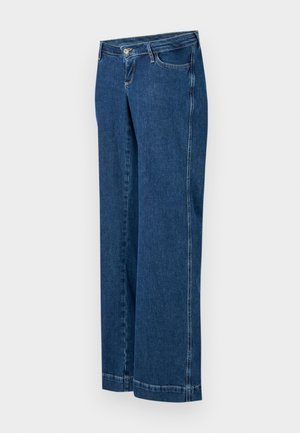 Φαρδιά μπλε τζιν παντελόνια με κλασικό σχέδιο πέντε τσεπών, φερμουάρ με κουμπί και ορατές ραφές.