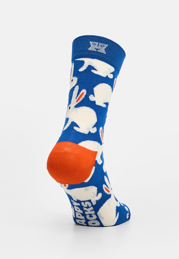 Blaue Baumwollsocke mit weißen Hasenmuster und orangen Zehen- und Fersenakzenten; gerippter Bund mit Branding an der Seite.