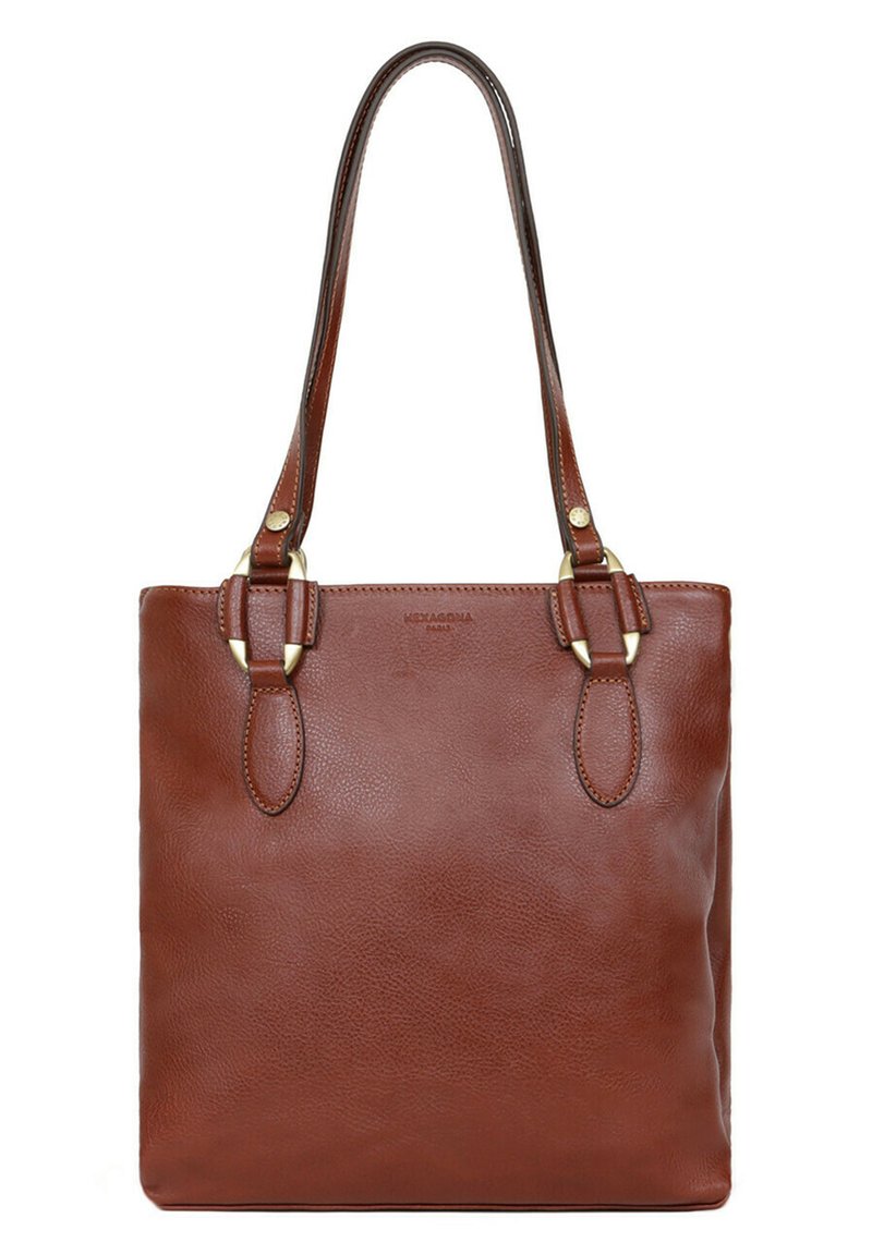 Bruine leren tote bag met een gestructureerd oppervlak, twee stevige schouderbanden en gouden hardware accenten. Eenvoudig, modern rechthoekig ontwerp.