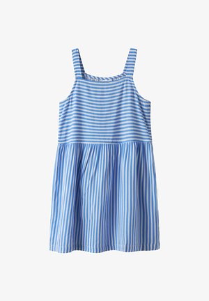 Vestido sin mangas a rayas con rayas azules y blancas, un corpiño ajustado y una falda acampanada. Hecho de una tela ligera con una textura suave.