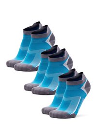 Juego de cinco pares de calcetines tobilleros con una combinación de colores azul y gris, patrones geométricos y un puño acanalado para un ajuste seguro.