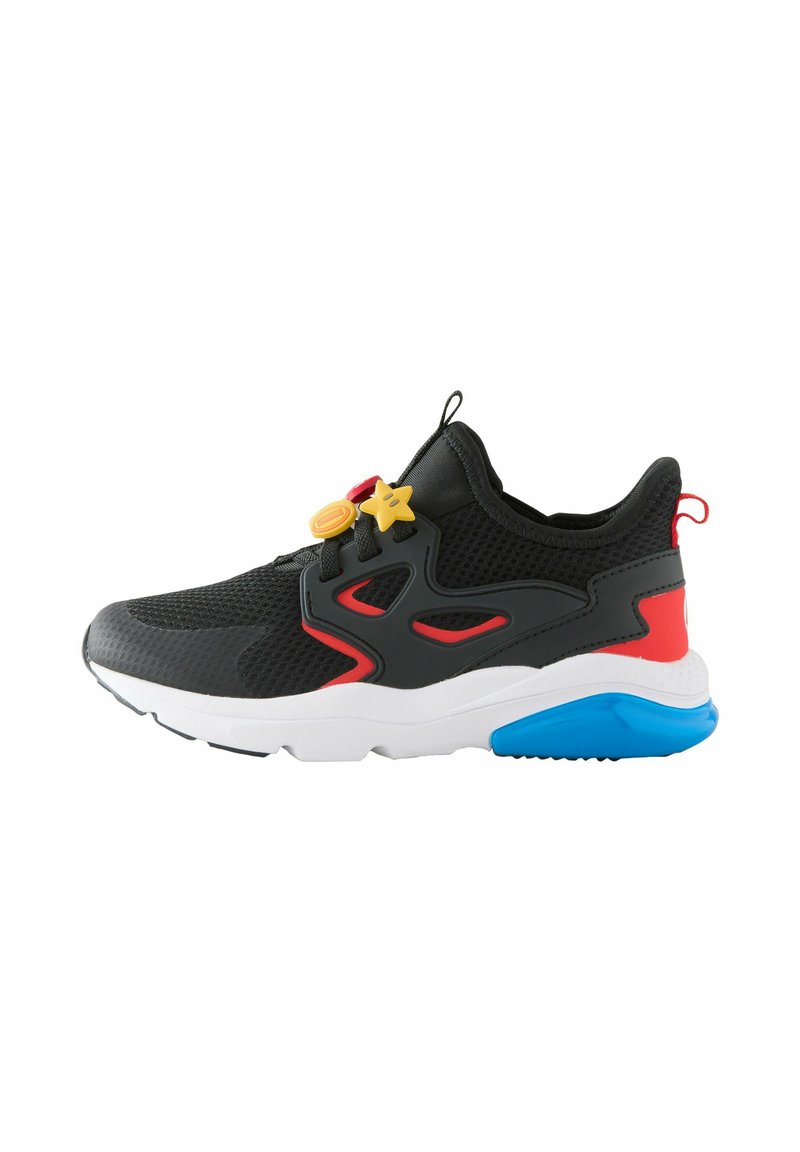 Black mesh sneaker with red and blue accents, featuring a unique lacing system with yellow hardware and a thick white sole.