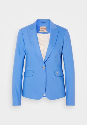 Svetle modrý blazer s přiléhavým střihem, dvěma předními kapsami, zapínáním na jeden knoflík a podšívkou s jemným vzorem.