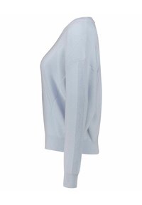 Pull bleu clair, poignets et ourlet côtelés, panneaux latéraux texturés, coupe décontractée, col rond, matière douce, manches mi-longues.