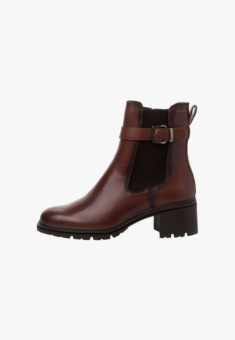 Brown leather ankle boot with elastic side panels, buckle accent, rounded toe, and textured black rubber sole, featuring a low block heel.