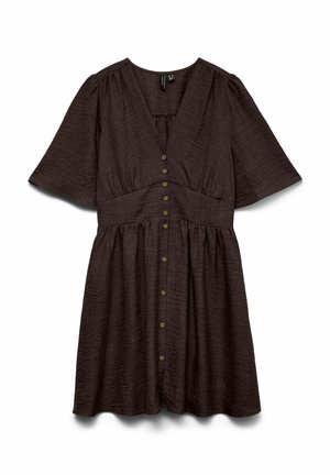 Robe courte à manches courtes texturée marron foncé avec encolure en V, ouverture boutonnée sur le devant, taille cintrée et jupe évasée.