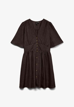 Tumepruuni tekstuuriga lühikeste varrukatega kleit V-kaelusega, nööpidega esiotsa, vormitud talje ja lehvikukujulise seelikuga.