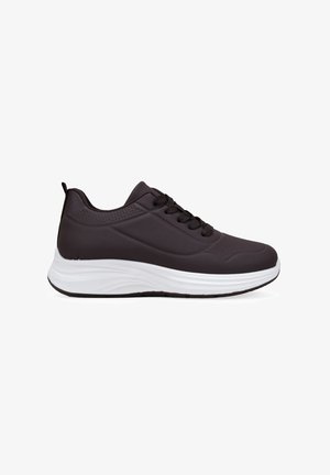 Black athletic shoe with a smooth, textured upper, padded collar, and white sole. Features lace-up design and pull tab at the heel.