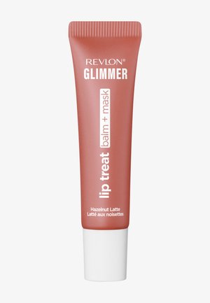 Revlon Glimmer læbeplejebalsam og maske i farven hasselnød latte med hvid hætte og hvid tekst på afdæmpet lyserød baggrund.