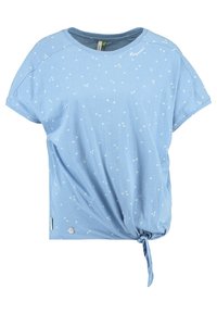 Blå kortärmad t-shirt i mjukt material med vita stjärnmönster och en knytning vid nederkanten. Inkluderar en logotag på sidan.