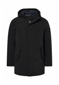 Zwarte hoodie jas met een ritssluiting en drukknoopsluiting, met twee voorzakken en een patroon voering. Glad materiaal met een relaxte pasvorm.