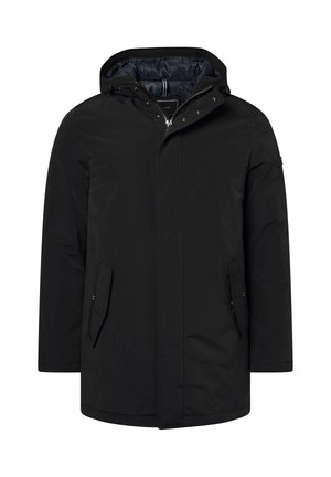 Schwarze Kapuzenjacke mit Reißverschluss und Druckknopfverschluss, ausgestattet mit zwei Vordertaschen und einem gemusterten Innenfutter. Glattes Material mit lockerer Passform.