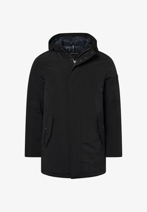 Black hooded jacket with a zip and snap closure, featuring two front pockets and a patterned inner lining. Smooth fabric with a relaxed fit.